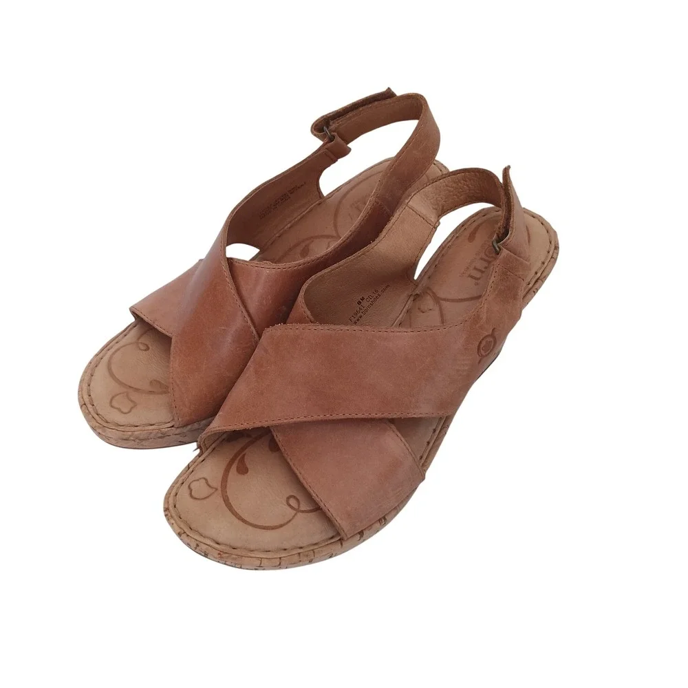 Born Wedge Sandals Womens 8 Tan Brown Leather Cross Strap Cork F19641 - Picture 1 of 7
